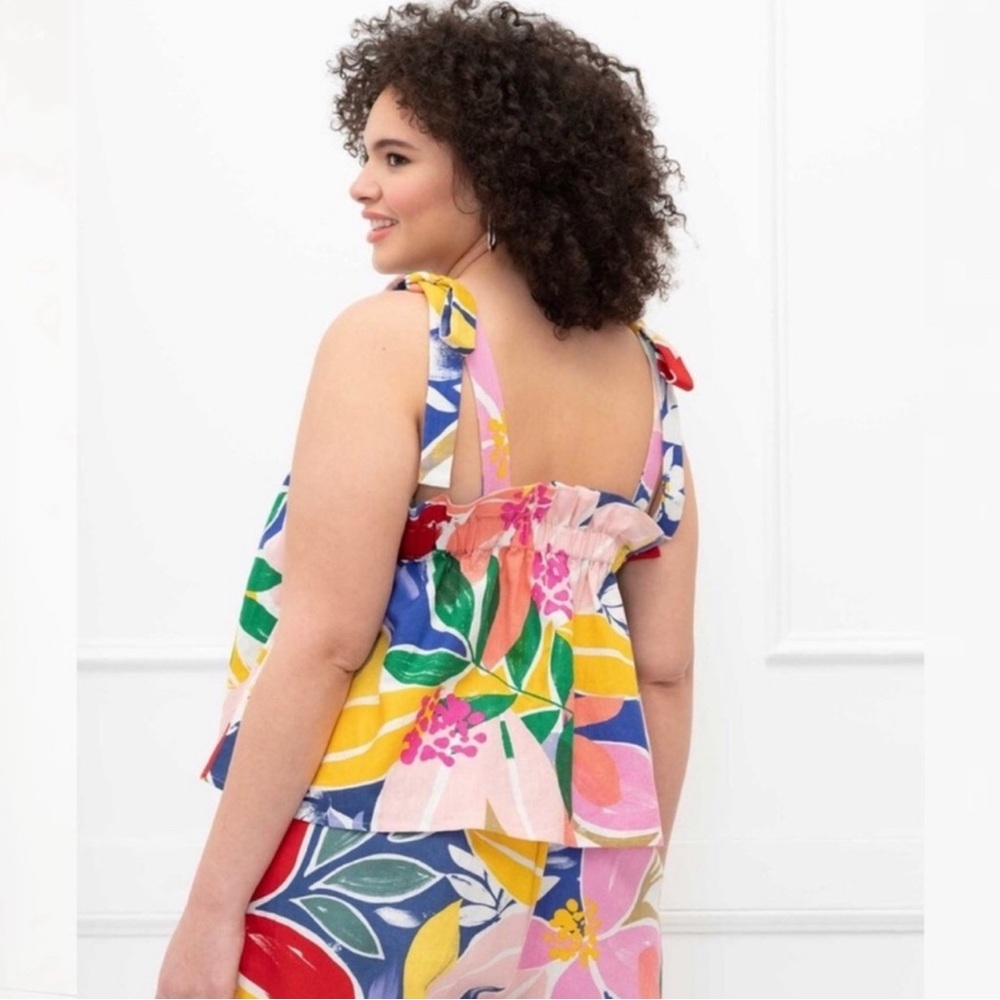 ELOQUIl Plus Size Floral Linen Top Size 22 Plus Size Tie-Shoulder Summer